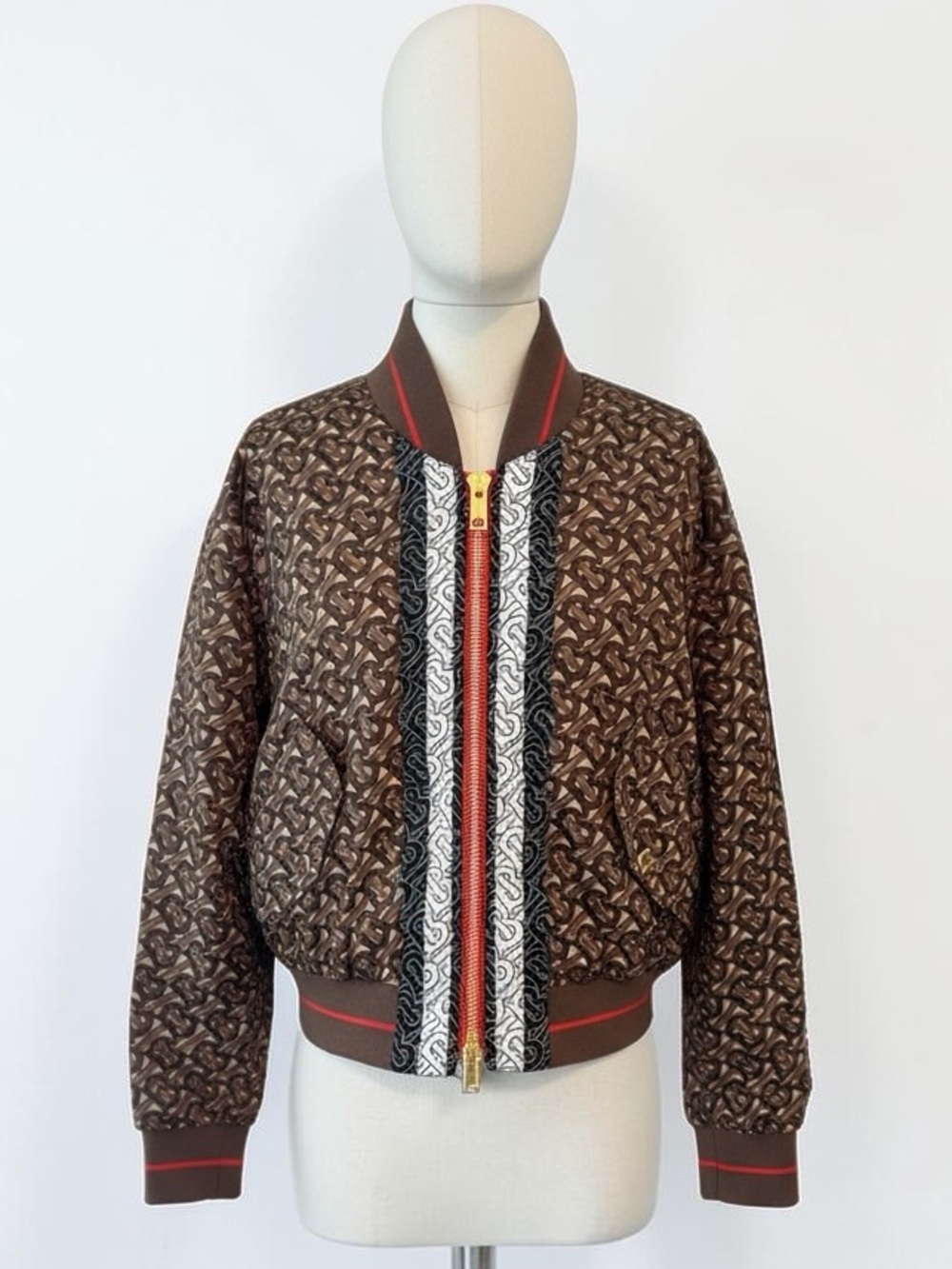 Burberry Brown and Red Patterned Bomber Jacket w/ Contrast Gold Zipper Hardware